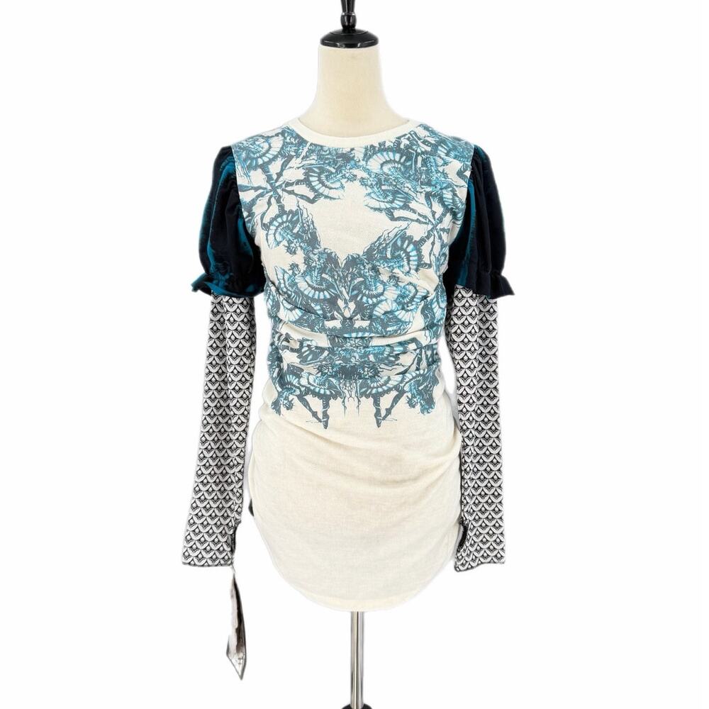 Nuvula NEW Whimsygoth Western Ruched Mixed Media Graphic Casual Y2K Eclectic Top